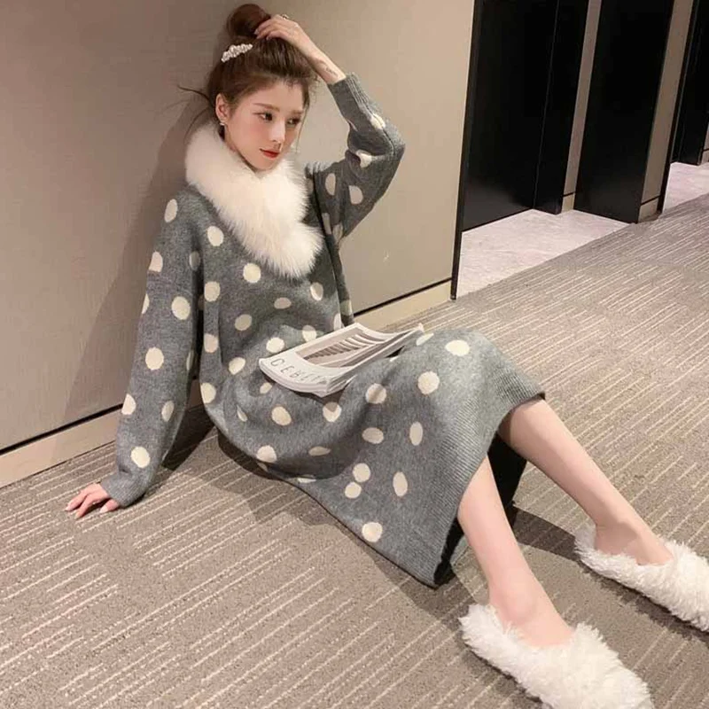 Rudens Ziemas Garš Džemperis Kleita Sievietēm korejas Modes Gadījuma Lazy Oaf Apaļu Kakla Polka Dot Trikotāžas Kleitas Dāmas drēbes vilkt
