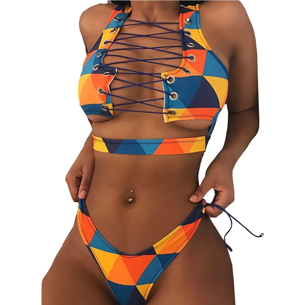Sexy Āfrikas Drukāt Sandales Ar Augstu Vidukļa Bikini Komplekts Push Up Peldkostīmi Sieviešu 2020. Gadam Pārsējs Peldkostīmu Acs Mežģīnes Up Peldkostīms Sieviete