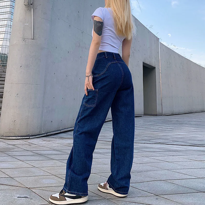 Sieviešu džinsi ar Augstu Jostas Bikses Zilā Kabatas Streetwear Vintage Rāvējslēdzēju, Pogu, Plašu Kāju Taisni Džinsi Sieviešu Modes 2020