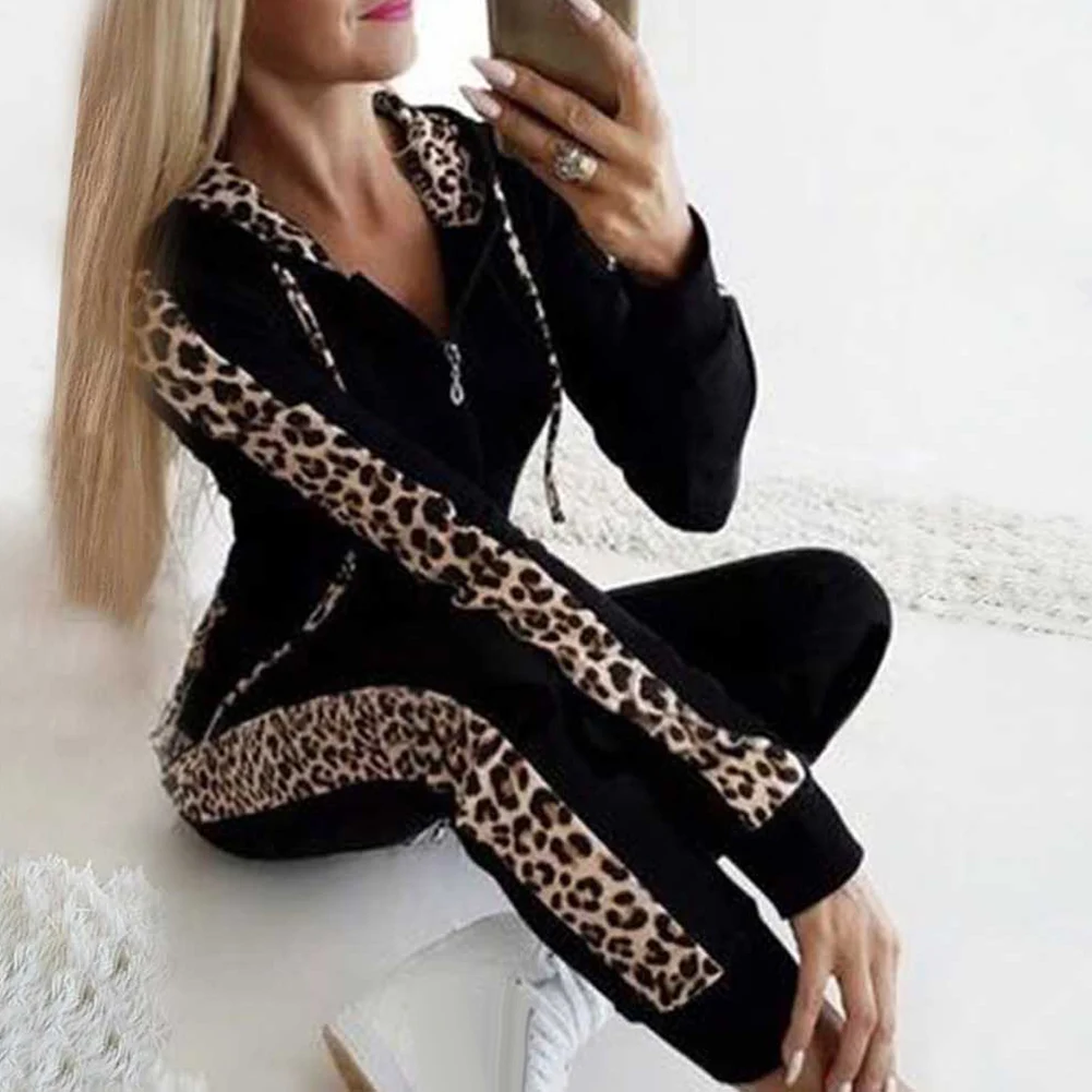 Sieviešu Ikdienas Leopard Tracksuit Ar Garām Piedurknēm Ar Kapuci Sports Top Bikses Divas Gabals, Kas Krekls Sweatsuit Skriešanas Mujer Drēbes