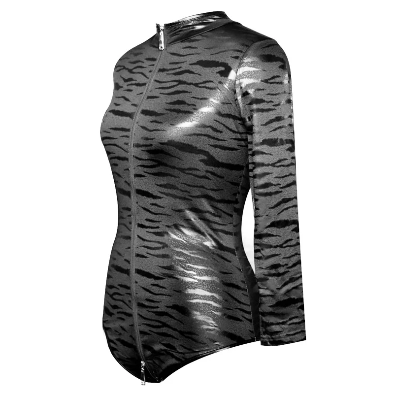 Sieviešu Sexy wetlook Leopard Clubwear PVC Lateksa catsuit Atvērt Kājstarpes Mākslīgās Ādas Apakšveļas Bodysuits Rāvējslēdzēju Karstā PU Erotiska Kostīmi