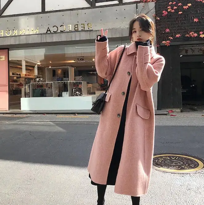 Sieviešu vilnas mētelis sieviešu vidū-garums studentiem korejas brīvs brīvs virs ceļgala Hepburn stils ziemas vilnas mētelis ielas drēbes