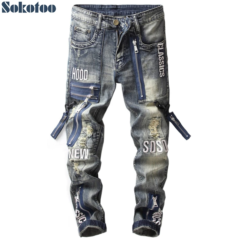 Sokotoo Vīriešu vintage rāvējslēdzēji plāksteris ripped džinsi Slim taisni vēstules rokdarbu raibs noskumuši džinsa bikses