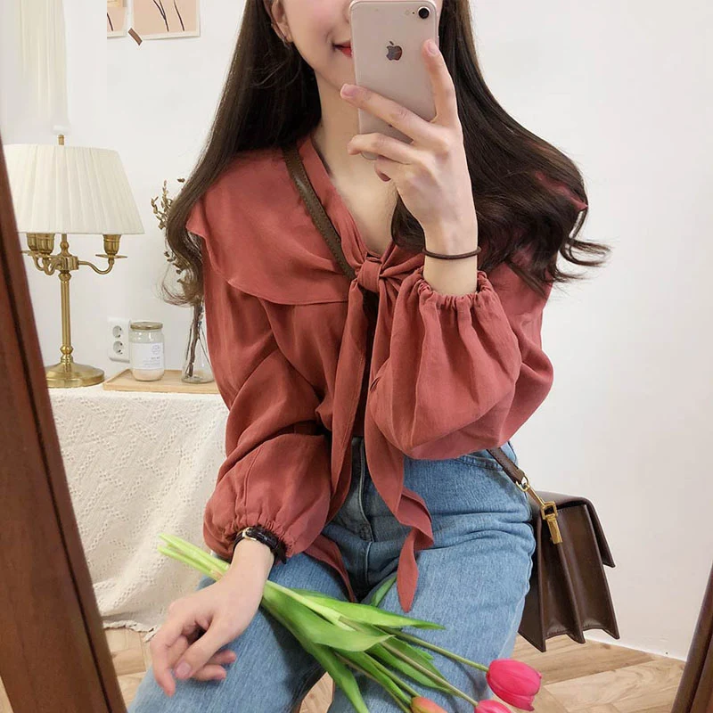 Tauriņu Kleitas Sievietēm Mezgls Japāņu, korejiešu Dizaina Topi Preppy Stils Cute Salds Red White Vintage Blūze, Krekls blusa de verano