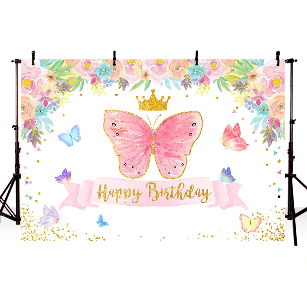 Tauriņš fons happy birthday fona, par foto atvašu ziedu vainagu rozā meitenes zēni dzimšanas dienas tēmu puse dekori photocall