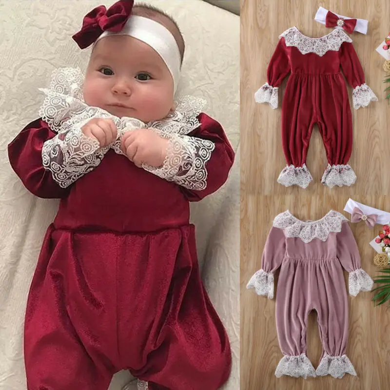 Toddler Bērniem Meitene, Mežģīnes, Samts Plīša Romper ar garām piedurknēm ar mežģīņu Ziedu Jumpsuit galvu kopumā Tērpiem Rudens Ziemas Drēbes 0-24M