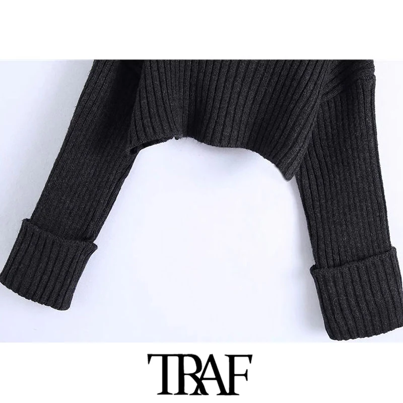 TRAF Sieviešu Modes Biezs Silts Apgriezts Adītas Vintage Džemperis ar Augstu Apkakli, Ilgi Turn-up Piedurknēm, Sieviešu Džemperi Šiks Topi