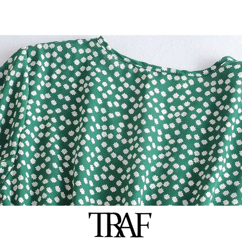 TRAF Sieviešu Šiks Modes Ziedu Drukāt Kroku Mini Kleita Vintage V Kakla Īsām Piedurknēm Sānu Priekšgala Saistīts Sieviešu Kleitas Mujer