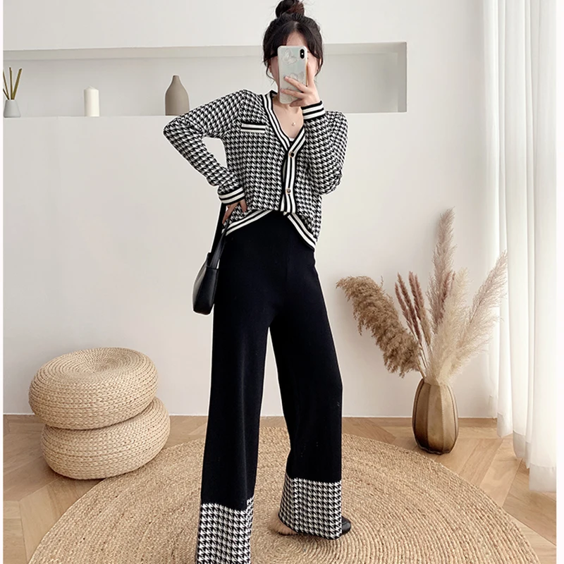 Trikotāžas Džemperis Komplekti Rudens Sieviešu Kostīmi Gadījuma Adīt Sieviete Dziesmu Uzvalks V-veida Kakla Džemperi Garās Bikses, Elegantas Dāmas Streetwear Komplekts