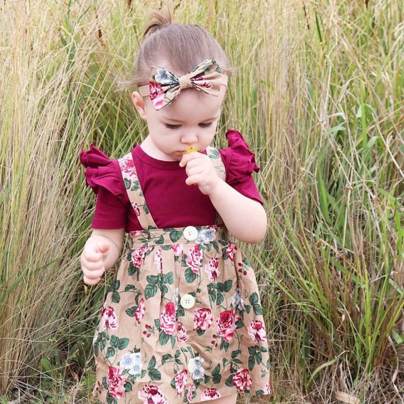 Vasaras Baby Girl Apģērbu Komplekts Īsām Piedurknēm Bodysuit Ziedu Jostas Kleita ar Lencēm 3pcs Tērpiem Toddler Jaundzimušā bērna Meiteņu Apģērbs