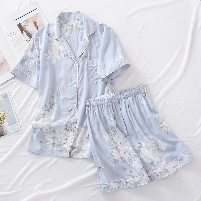 Vasaras Viskoze bikses, pidžamas komplekti sievietēm sleepwear Japāņu Svaigu Ziedu Īsām piedurknēm pidžamas komplekti sievietēm
