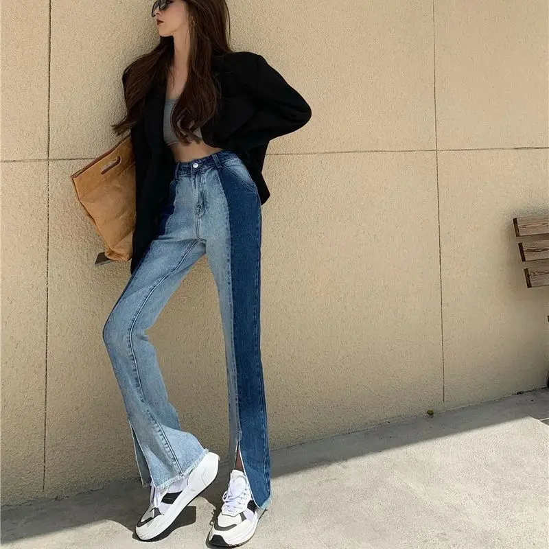 Vintage Raibs Džinsi Wome Augsta Vidukļa Streetwear Zaudēt Sadalīt Taisnas Bikses Sieviešu Korejas Džinsa Bikses