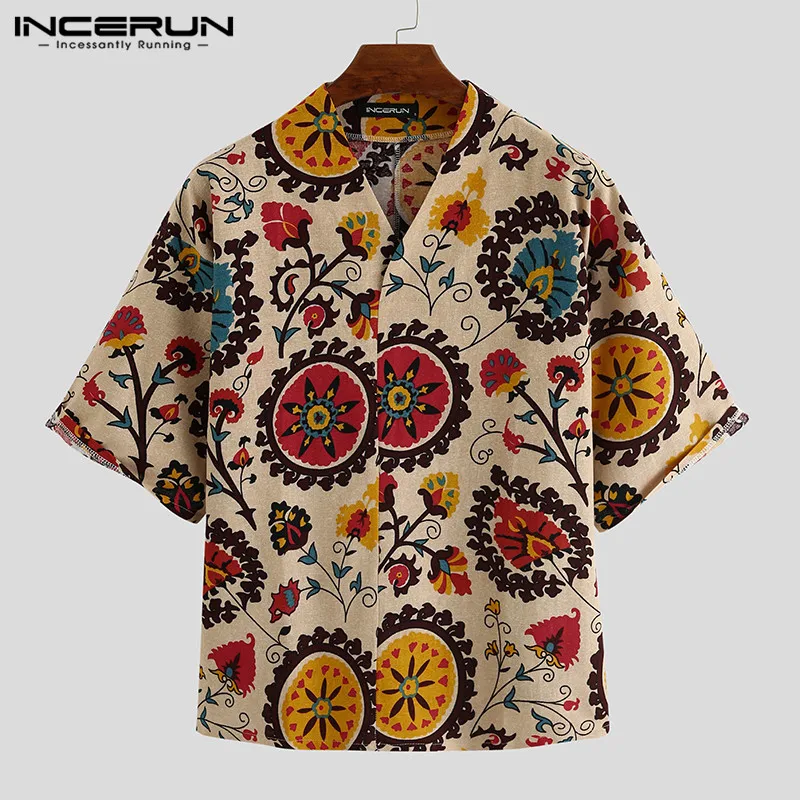 Vintage Ķīniešu Stilā Drukāt Krekls Vīriešiem Pusi Piedurknēm Mīksti Kokvilnas Veļu, V Kakla Ikdienas Krekli Vasaras Streetwear Camisa ir 2021. INCERUN