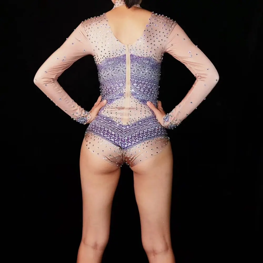 Violeti Kristāli Bodysuits Rhinestones jumpsuit Sieviešu Kostīmu Dziedātāja Deju Apģērbs Bārs, Naktsklubu, DJ, Dejas Skatuves valkā puses parādīt