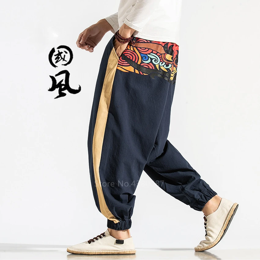 Vīrieši Japāņu Stila Ukiyo Drukāt Samurai Kostīmu Harēma Bikses Haori Vintage Bikses Atpūtas Zaudēt Elastīgs Modes Apģērbu Āzijas