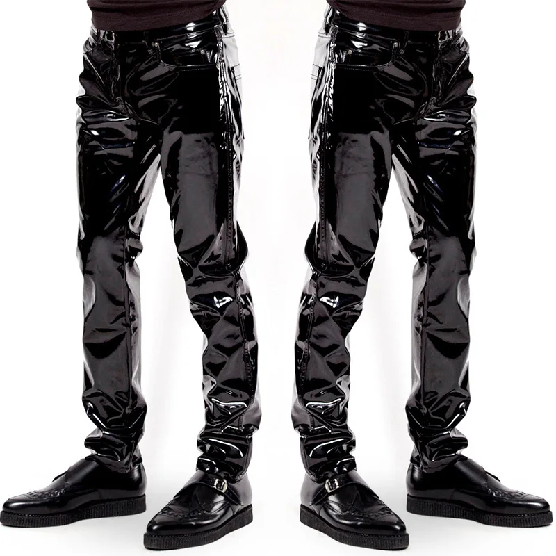 Vīrieši Sexy Black wetlook PVC Posmā Valkā, Mākslīgās Ādas Zīmuli Bikses Skinny lateksa zeķes pole deju Klubs Valkāt