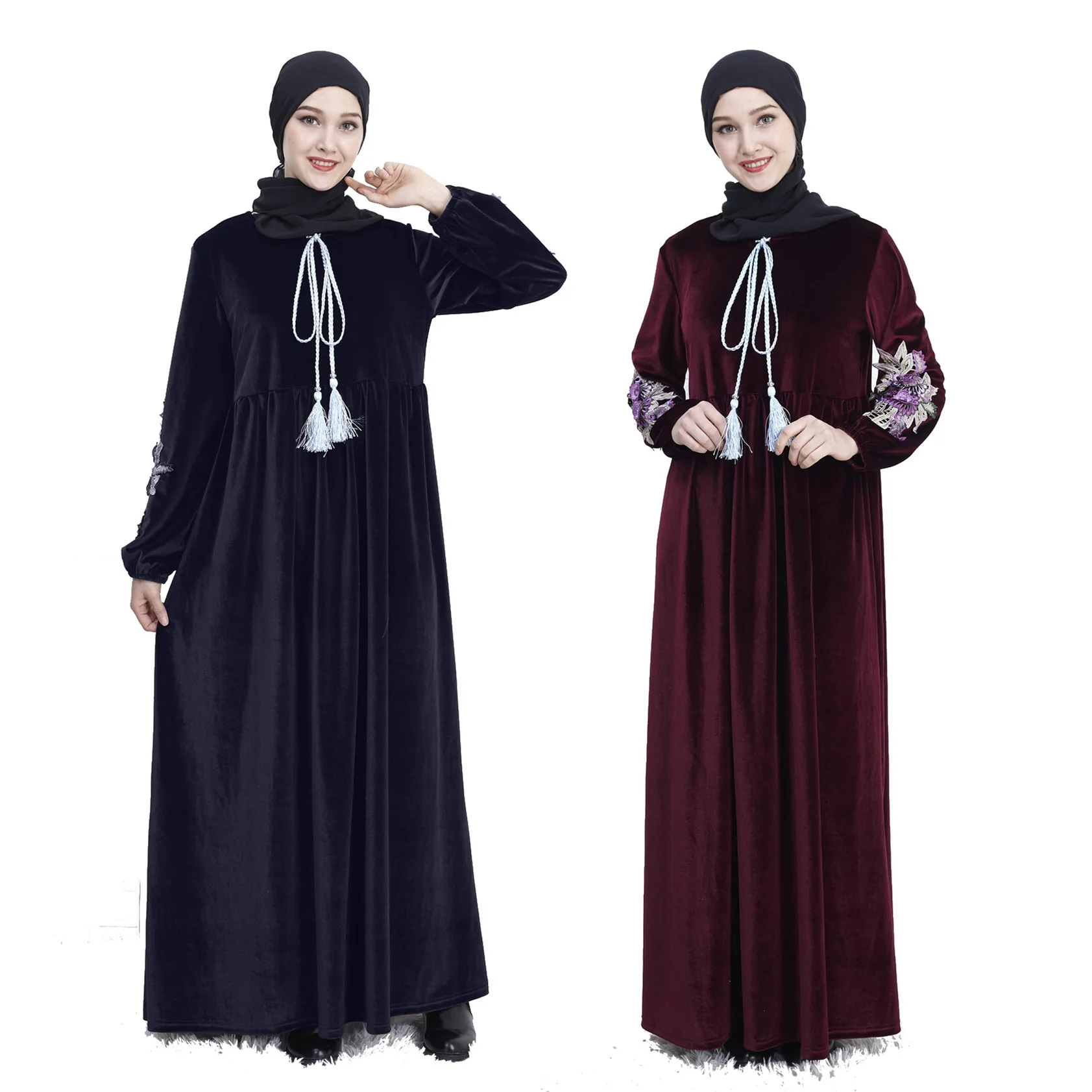 Ziedu Izšuvumu Samta Musulmaņu Gara Kleita Sievietēm, Lielās Šūpoles-line Turcija Maxi Hijab Kleitas Dubaija Kaftan arābu Islāma Apģērbi